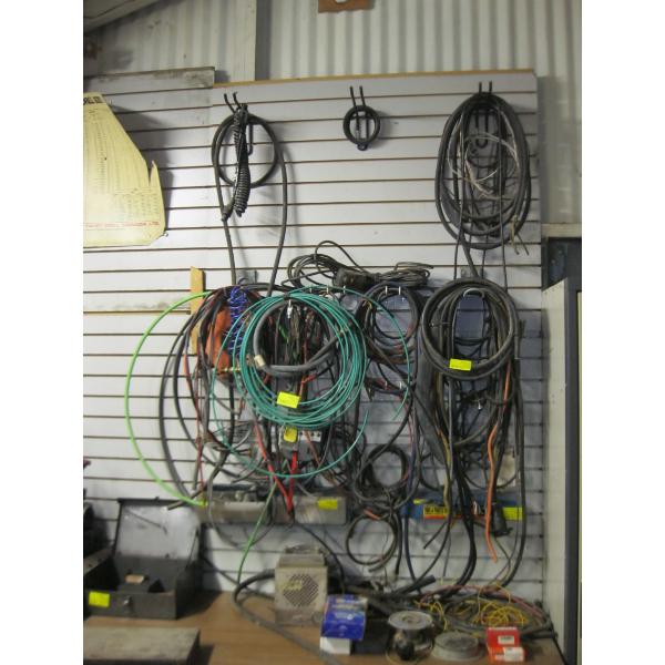 LARGE LOT OF ASST'D ITEMS ON WALL INCL. WIRING, AIR LINES, ETC.