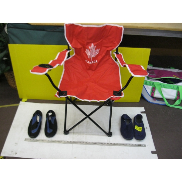 FOLDING CAMPING CHAIR & 2 PAIR OF WATER SHOES