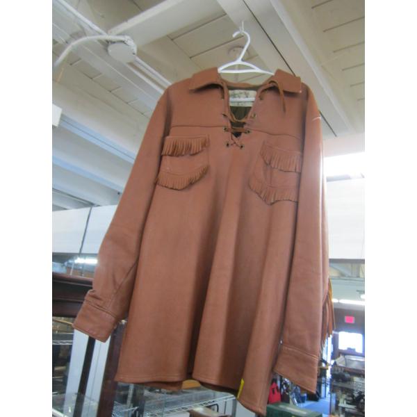 CUSTOM COAT, SZ LG., LEATHER PULLOVER JACKET W/FRINGE