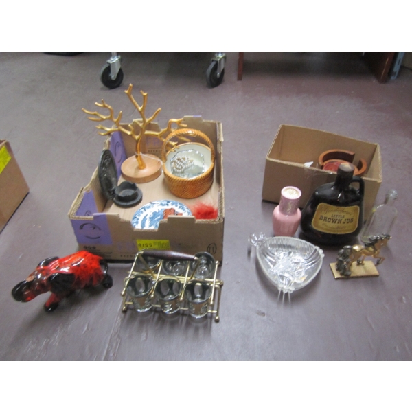 2 BOXES OF MISC. ITEMS: 50s SHOT GLASS SET, ETC.