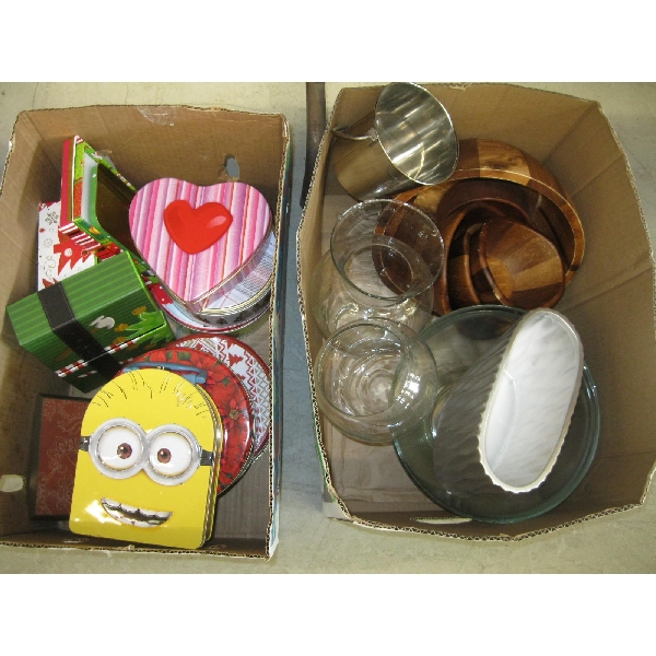 2 BOXES MISC. TINS, VASES, WOODEN BOWLS, ETC.