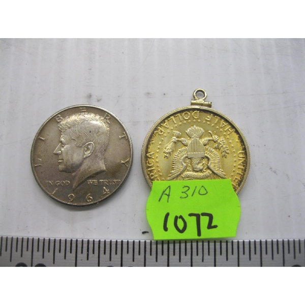 2 1964 AMERICAN 1/2 DOLLARS - 1 MADE INTO PENDANT