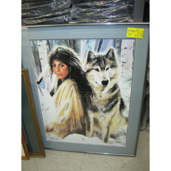 FRAMED PRINT OF NATIVE LADY W/DOG