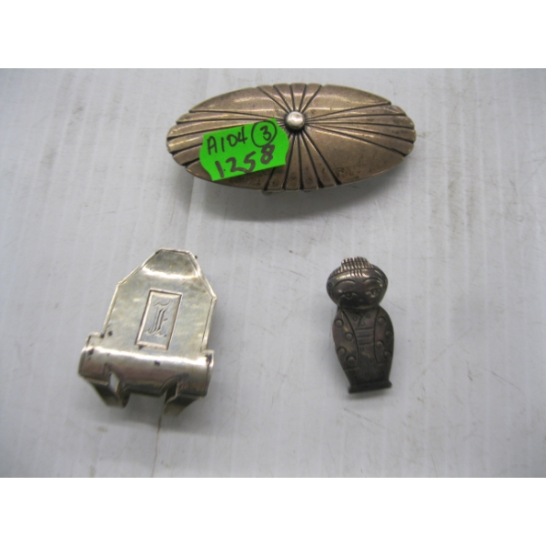 3 SILVER PIECES - PIN, BELT BUCKLE & CLIP