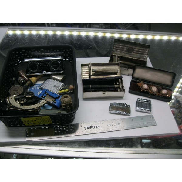 BASKET W/ASST. COLLECTABLES - RAZORS, BINOCULARS, ETC.