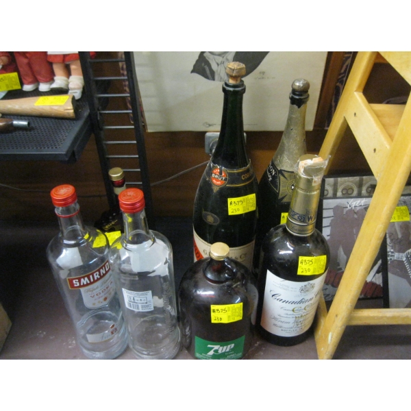 LG. LOT OF LG. LIQUOR BOTTLES, 7UP JUG, ETC. 