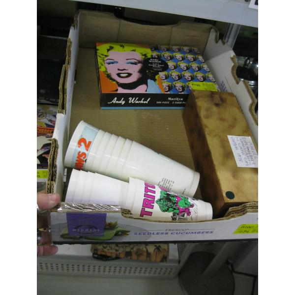 ASST. COLLECTABLES - ANDY WARHOL, PUZZLE, SLURPEE CUPS, ETC.
