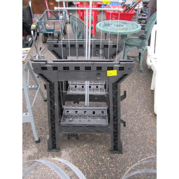 FOLDING TOWEL RACK & 2 FOLDING PLASTIC SAWHORSES