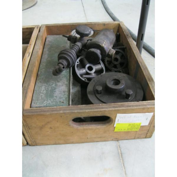 WOODEN BIN W/MISC. GEARS, AIRLINE FILTER, LATHE PARTS, ETC.