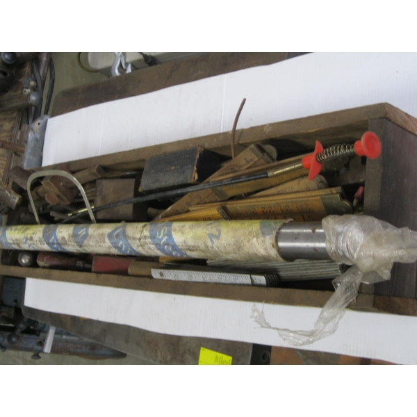 WOODEN BOX W/MISC. DRIVE SHAFT BAR, RULERS, SCREWDRIVERS, ETC.