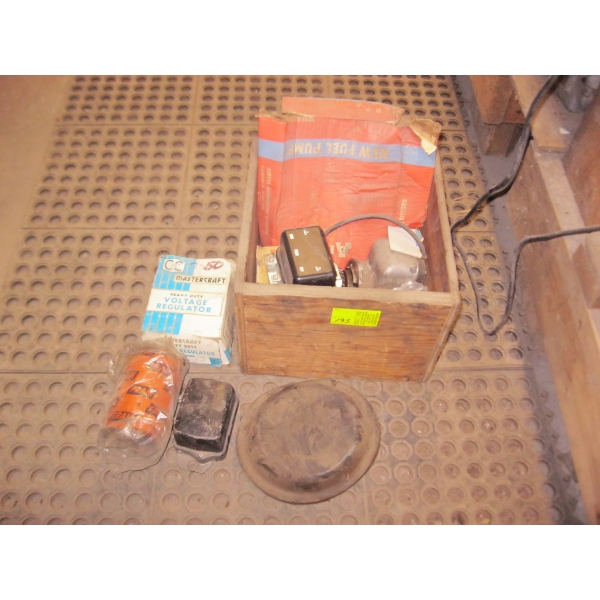 LOT OF MISC. AUTOMOTIVE PIECES - CARBURETORS, FUEL PUMPS, REGULATORS, ETC.