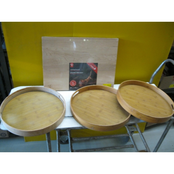3 ROUND TRAYS & A NEW LG. MAPLE CUTTING BOARD
