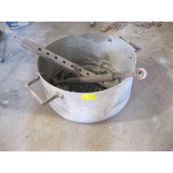 LARGE METAL POT WITH HOLE WITH SPREADER BAR, DRAWBAR & RECEIVER HITCH