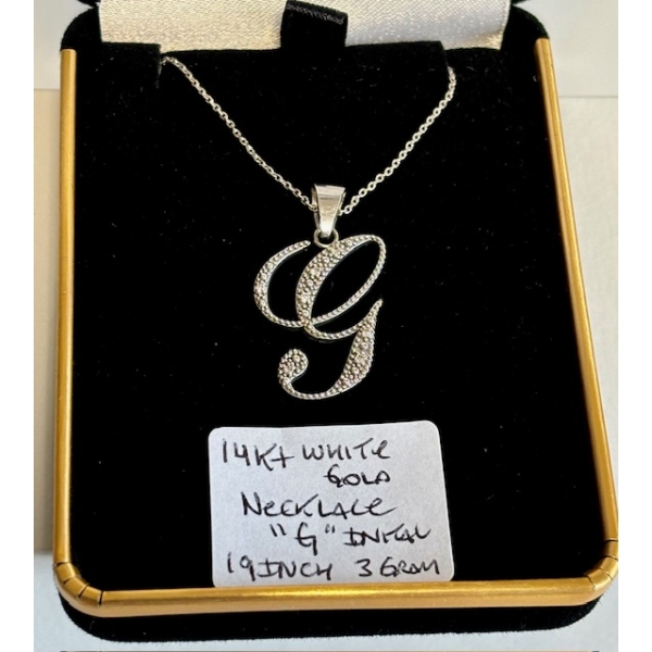 14KT WHITE NECKLACE W/G INITIAL, 19", 3GR