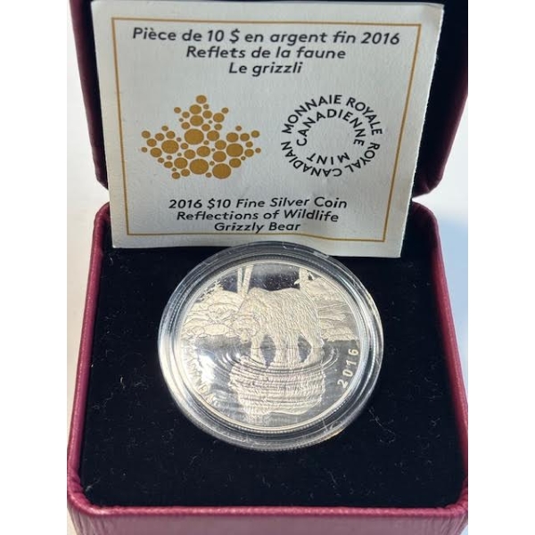 2016 $10 FINE SILVER .999 COIN - REFLECTION OF WILDLIFE - GRIZZLY BEAR (TAX EXEMPT)