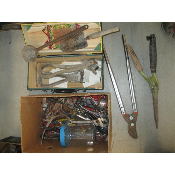 ASST. TOOLS & A WOODEN BOX W/MISC. CLIPPERS, LADLE, ETC.