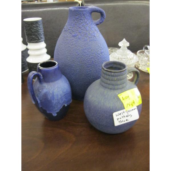3 WEST GERMAN POTTERY BLUE VASES