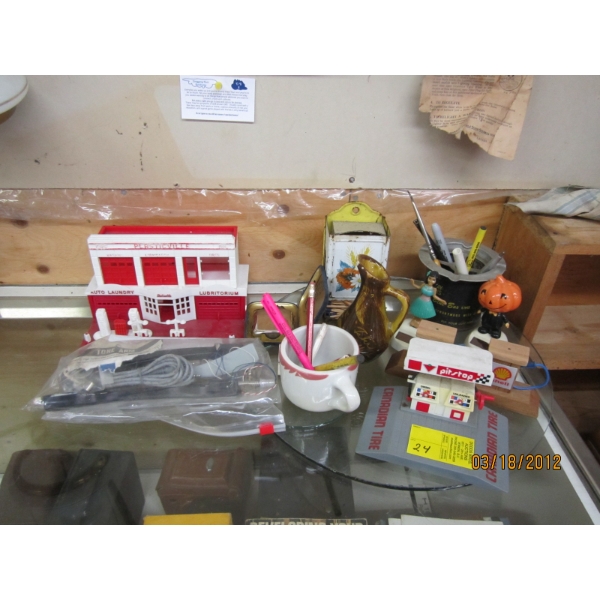 MISC. SM. ITEMS - TONE ARMS, MATCH DISPENSER, GAS STATION TOYS, ETC.