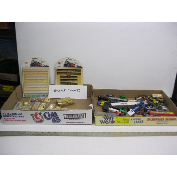 2 BOXES OF ASST. TRAIN FIGURINES, SM. TRUCKS, ETC.