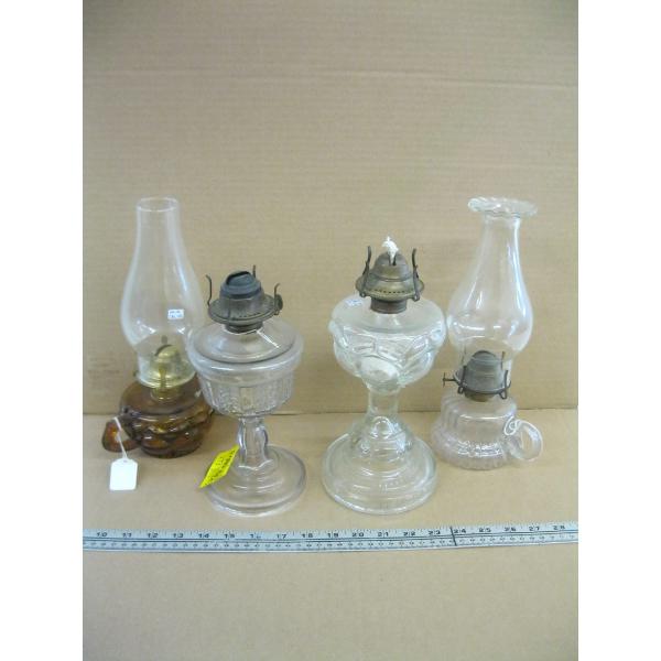 4 OIL LANTERNS - 2 MISSING SHADES & 2 ARE FINGER LANTERNS