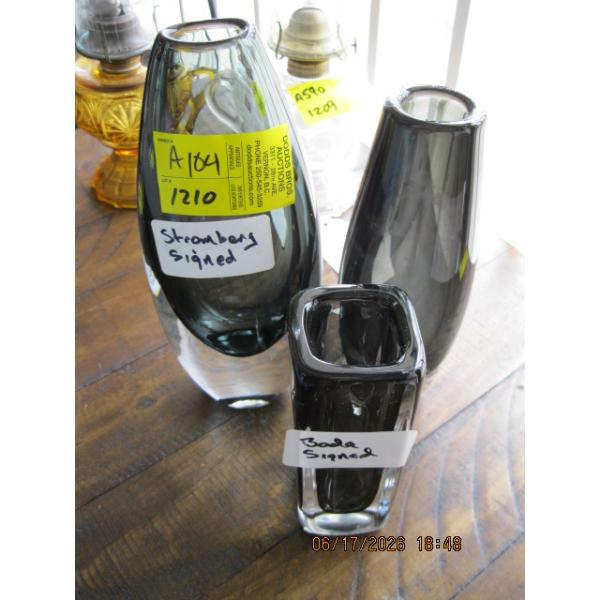 3 STROMBERG SIGNED MCM ART GLASS VASES