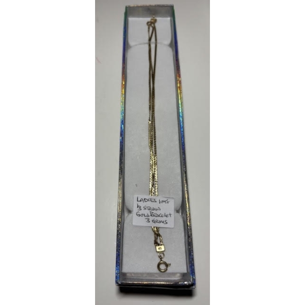 LADIES 10KT 3 STRAND GOLD BRACELET, 3G