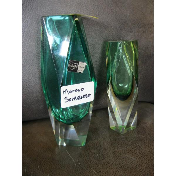 2 GREEN MURANO SOMMERSO GLASS VASES