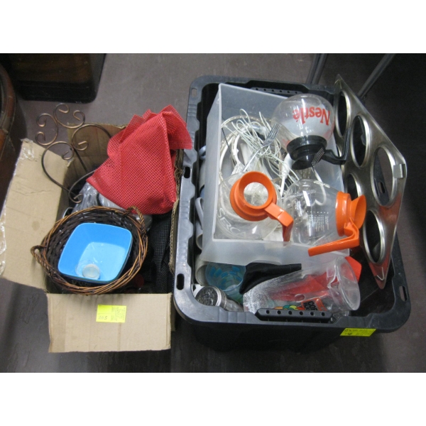BOX & BIN OF MISC: COFFEE URNS, MUGS, JUGS, ETC.