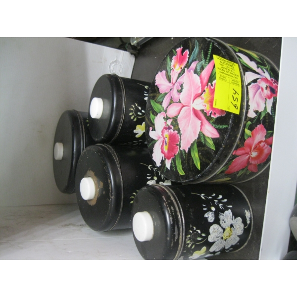 4 PIECE CANNISTER SET & A FLOWERED TIN