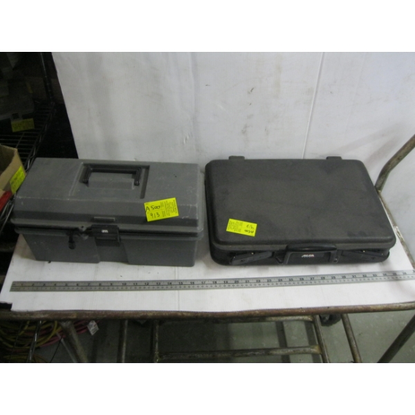 PLASTIC TOOLBOX W/MISC. CONTENTS & A BRIEFCASE W/FLASHLIGHTS, ETC.