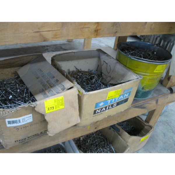 BOX OF SPIRAL NAILS & PAIL & BOX OF COMMON NAILS