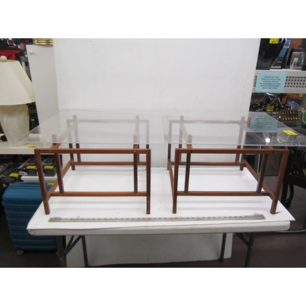 2 WOOD FRAMED END TABLES W/PLEXIGLASS