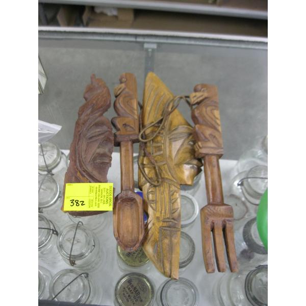 CARVED FORK & SPOON & 2 NATIVE CARVINGS, SIGNED