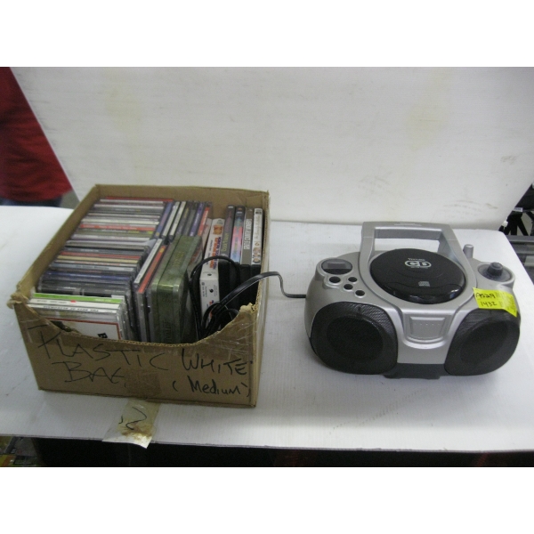 SMALL PORTABLE CD PLAYER & BOX OF CDs & DVDs