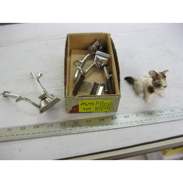 MISC. VINTAGE CLIPPERS, PORCELAIN DOG, ETC.