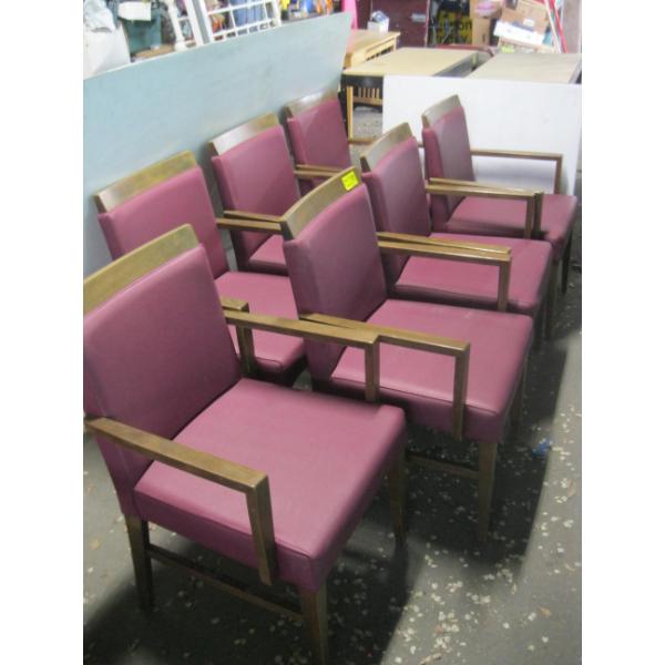 7 BURGUNDY & WOOD ARMED CHAIRS