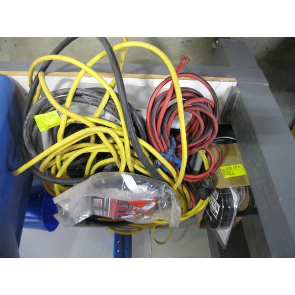 BIN W/ASST. EXTENSION CORDS, WIRING, PLUGS, ETC.