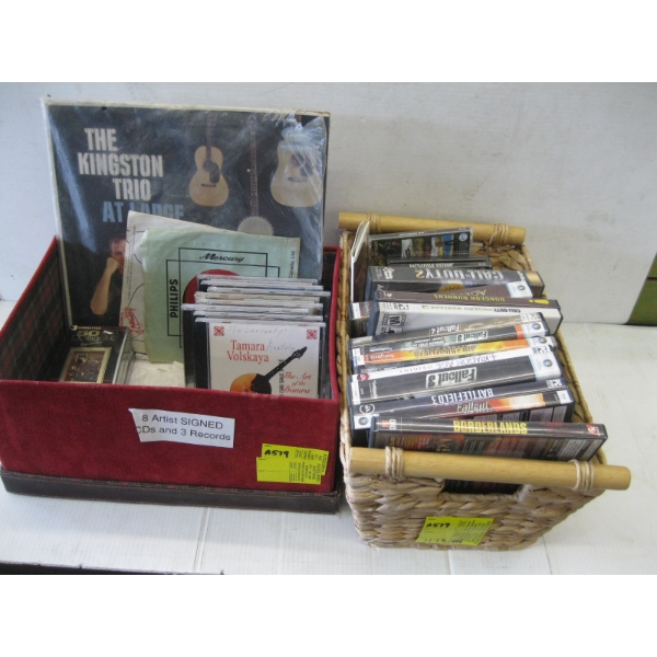 BASKET OF COMPUTER GAMES & 8 ARTIST SIGNED CDs