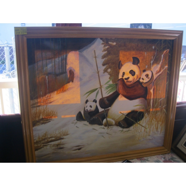 LG. FRAMED PAINTING OF PANDA BEARS BY M. DESLOGES