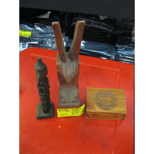 SIGNED TOTEM POLE, SM. WOODEN CARVED BOX & SM. TOTEM POLE