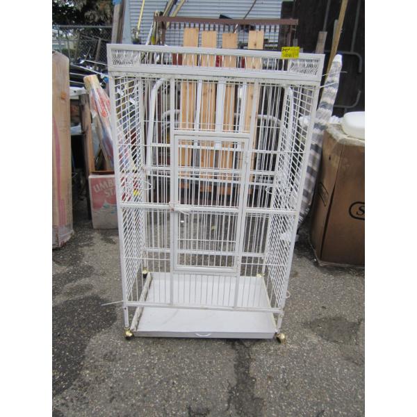 WHITE METAL BIRDCAGE, POSSIBLY MISSING PIECES