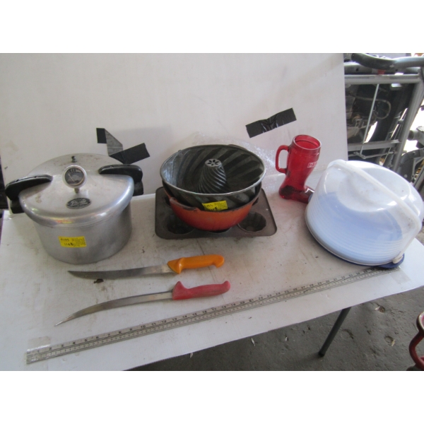 PRESSURE COOKER, COMMERCIAL KNIVES, CAKE PLATTER, ETC.