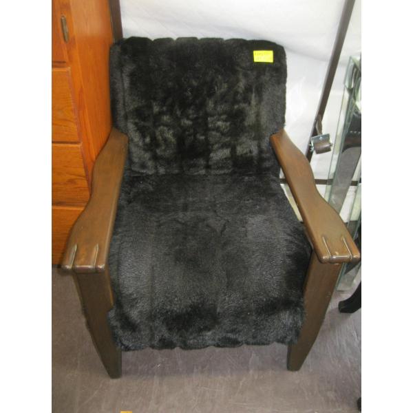 ANTIQUE WOOD FRAMED BLACK FAUX FUR UPHOLSTERED ARMCHAIR