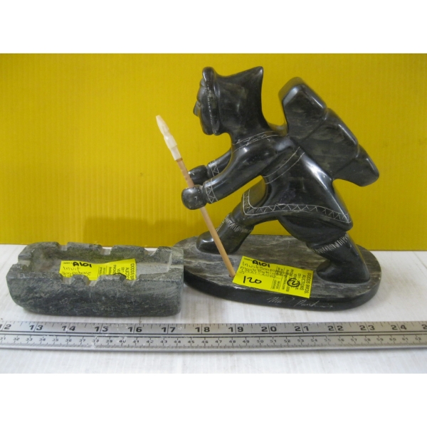 INUIT SOAPSTONE FIGURINE BY MARK PARKINSON & INUIT SOAPSTONE ASHTRAY