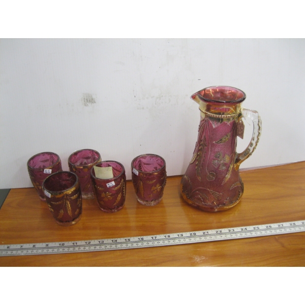 PINK & GOLD DECANTER & 5 GLASSES
