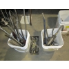 Image 1 : BUCKET & 2 BINS OF MISC. PRYBARS, CHISELS, AIR CHISEL, ETC.