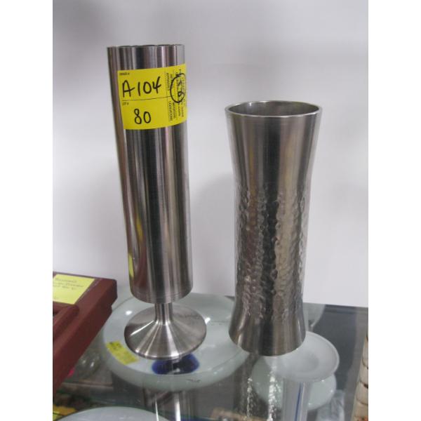 2 BRUTALIST METAL LATHE TURNED VASES