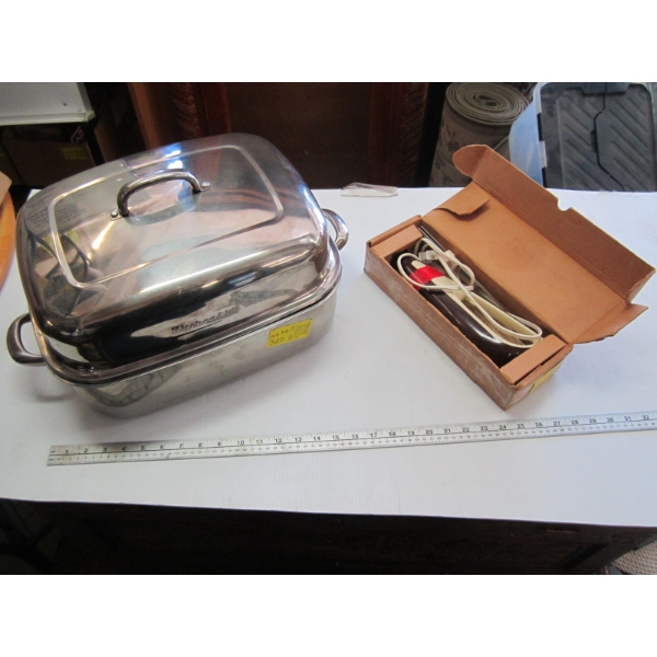 KITCHEN AID STAINLESS STEEL ROASTING PAN W/PLATTER INSIDE & ELECTRIC KNIFE