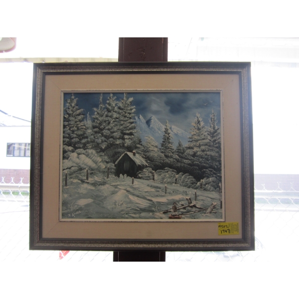 WINTER PAINTING OF CABIN IN WOODS