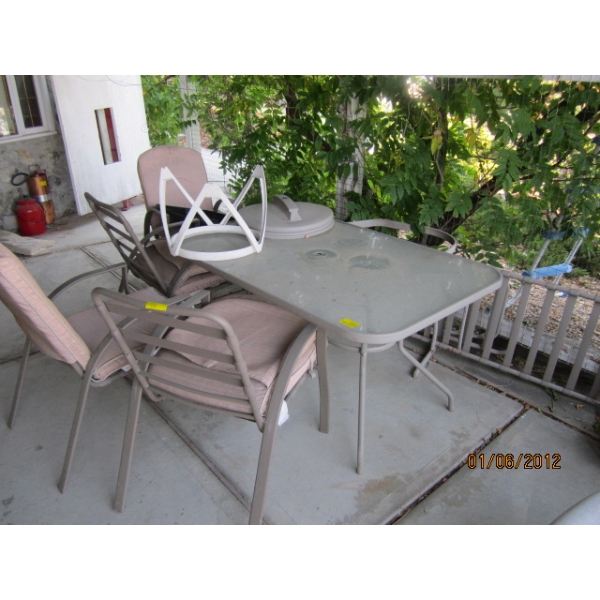 PATIO TABLE W/4 CHAIRS & A LOUNGER